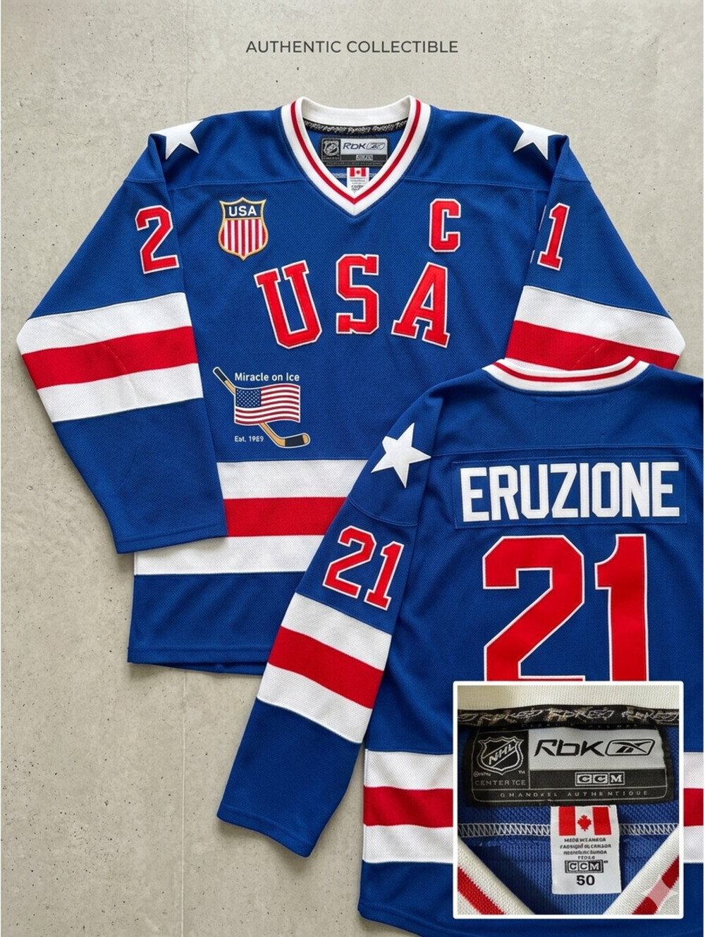 Mike Eruzione Team USA Olympic Hockey Jersey Rbk CCM Authentic Center Ice 50